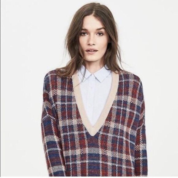 Banana Republic Sweaters - Banana Republic Orange Blue Plaid V Neck Wool Mohair Sweater Small